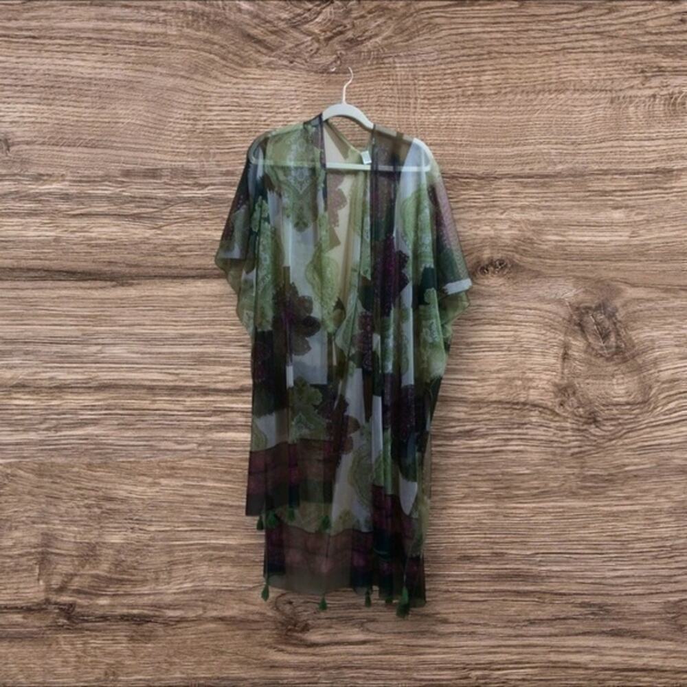 Cato, sheer duster/kimono. One size. Green. Fringe tassel.